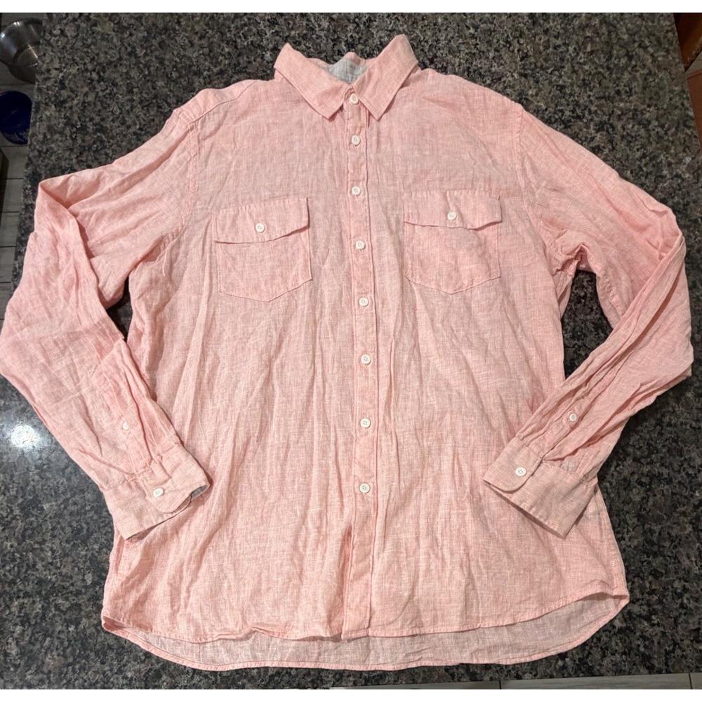 Marc Anthony Mens XL Slim Linen Blend Button Down Shirt Peach Pink Long Sleeve